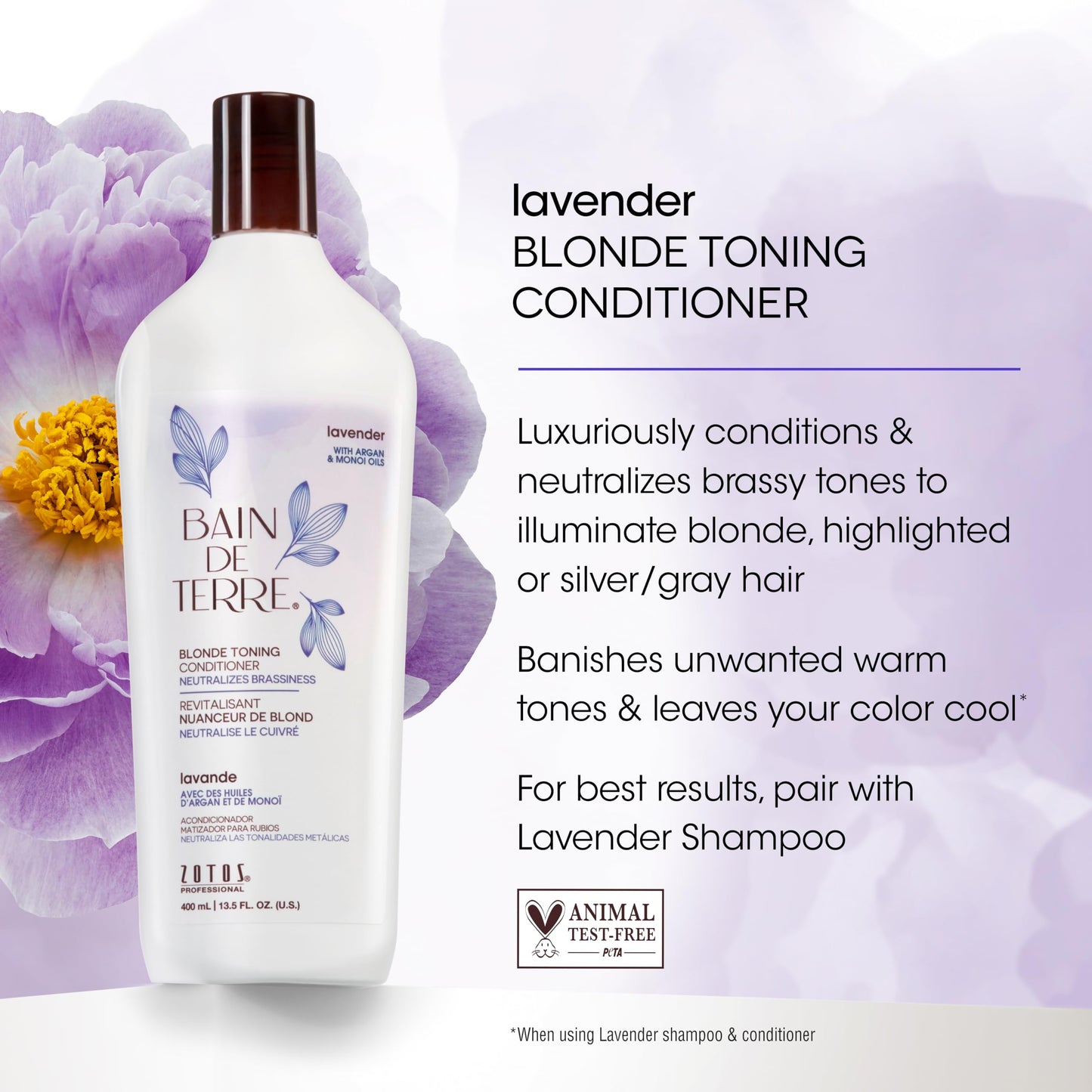 Bain de Terre Lavender Blonde Toning Conditioner, Neutralize Brassy Tones for Cool Blonde, Highlighted or Gray Hair, with Argan & Monoi Oils, Paraben-Free, Vegan,13.5 Fl Oz