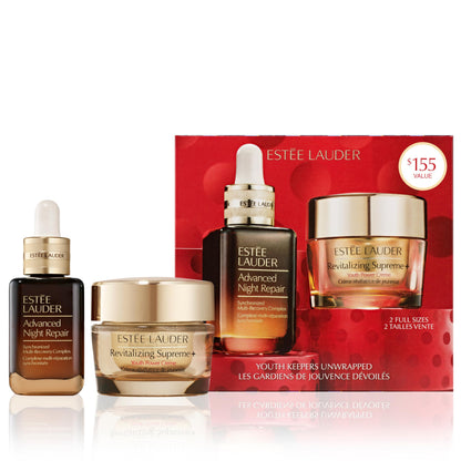 Estée Lauder Youth Keepers Unwrapped: Lift + Firm + Glow 2-Piece Skincare Gift Set | Includes Full-Size Advanced Night Repair Serum 1 Fl Oz & Revitalizing Supreme+ Moisturizer 1 Ounce