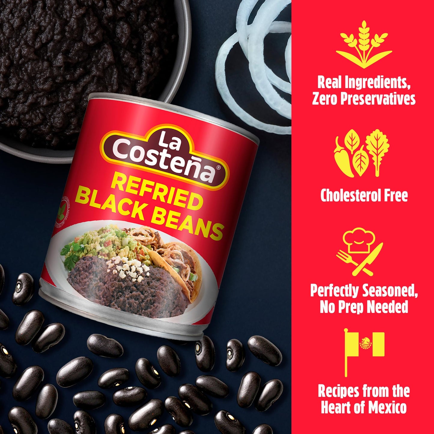 La Costeña Refried Black Beans - Ready-to-Eat Canned Refried Beans for Mexican Food, Mexican Rice, Nacho Bean Dip, Bean Burrito, Burger, Carne Asada, Fajita & Taco Seasoning - 20.5oz, 6 Pack Cans