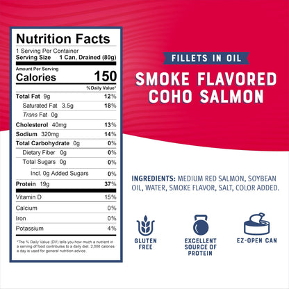 Bumble Bee Smoke Flavored Red Coho Salmon Fillets in Oil, 3.75 oz (Pack of 1) - 19g Protein - Skinless, Boneless - Great for Snacks & Recipes - Gluten Free