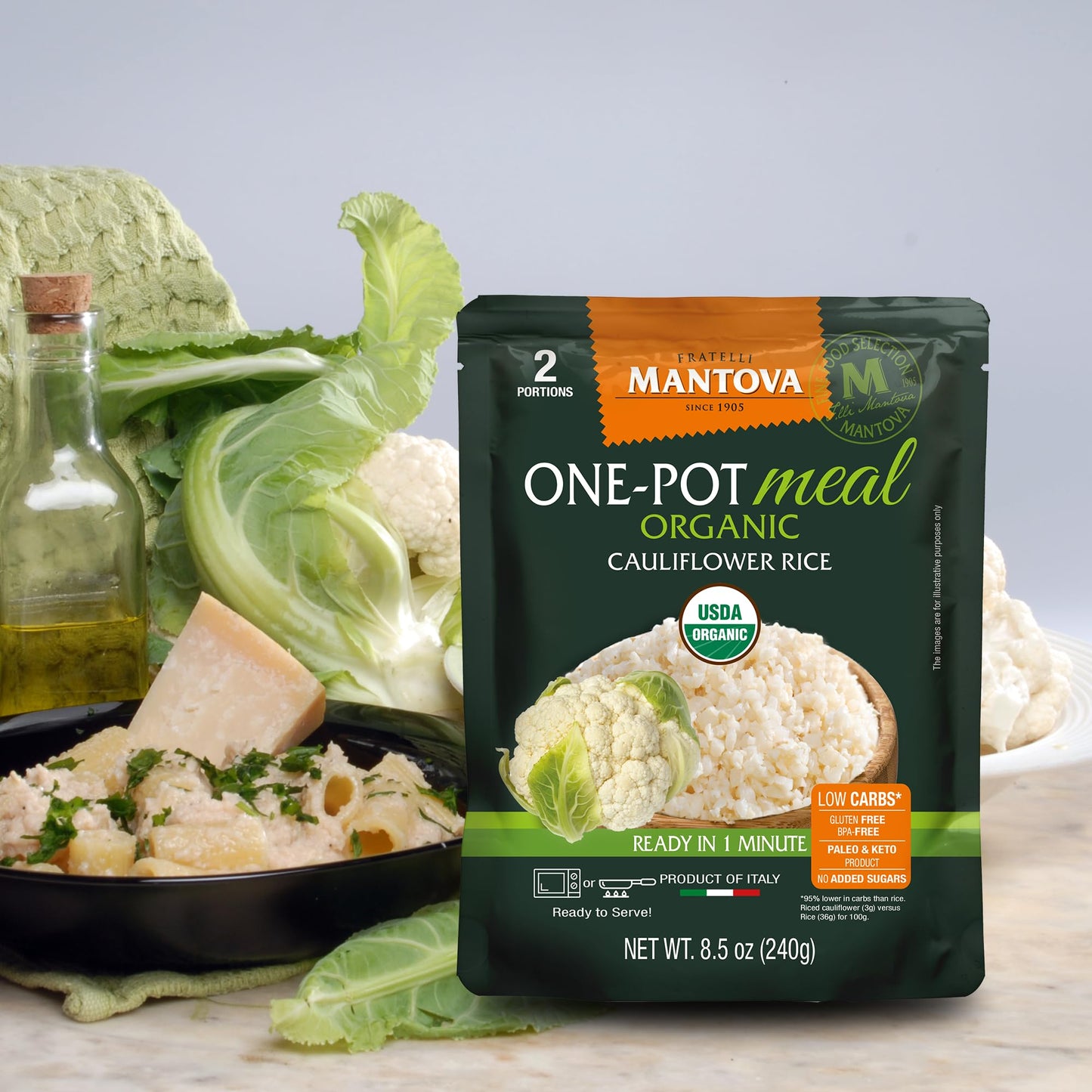 Mantova Organic Cauliflower Rice, 8.5 oz. (Pack of 6), Product of Italy, One-Pot Meal, Microwaveable, Ready-in-Minutes Cauliflower Rice, All-Natural, Healthy Rice Alternative, Ideal for Soups, Stews, Side Dishes, Salads, Rice Bowls, Breakfast Bowls...