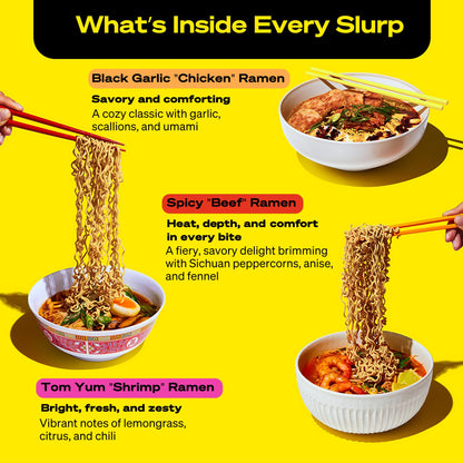 immi Variety Pack Ramen – Spicy “Beef,” Black Garlic “Chicken” & Tom Yum “Shrimp” – Vegan, High Protein Ramen Noodles – Low Carb, Zero Sugar – Healthy Keto-Friendly Ramen Bowls, 6-Pack