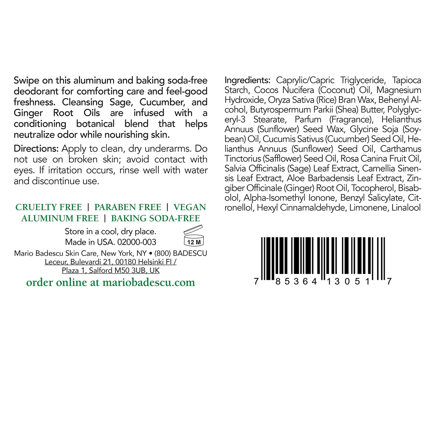 Mario Badescu Aluminum Free Deodorant for Women & Men | Baking Soda & Paraben Free | Underarm Odor Protection for All-Day Freshness | Gentle on Skin | Nourishing Botanical Blend