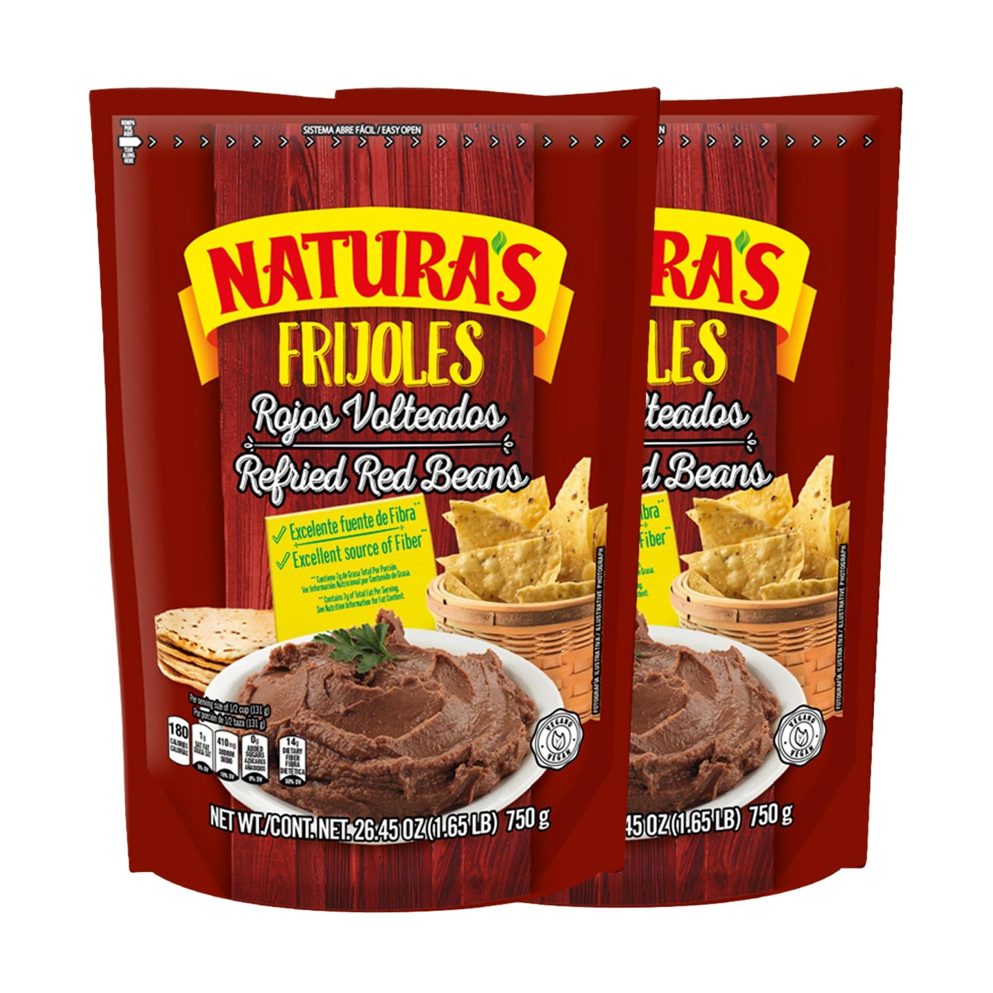 NATURA'S Refried Red Beans, Ready-to-Eat Vegetarian Refried Beans, Frijoles Rojos 26.45 oz Pouch (Pack of 2)