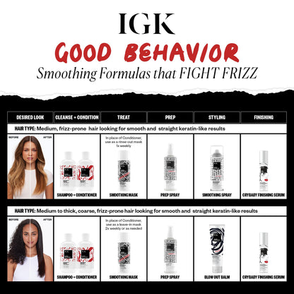 IGK Good Behavior Smoothing Spray 12 oz | 4 Day Anti-Frizz Heat Protectant with 450°F Protection | Keratin-Like Finish for Sleek, Shiny Hair | Lightweight, Vegan & Color Safe