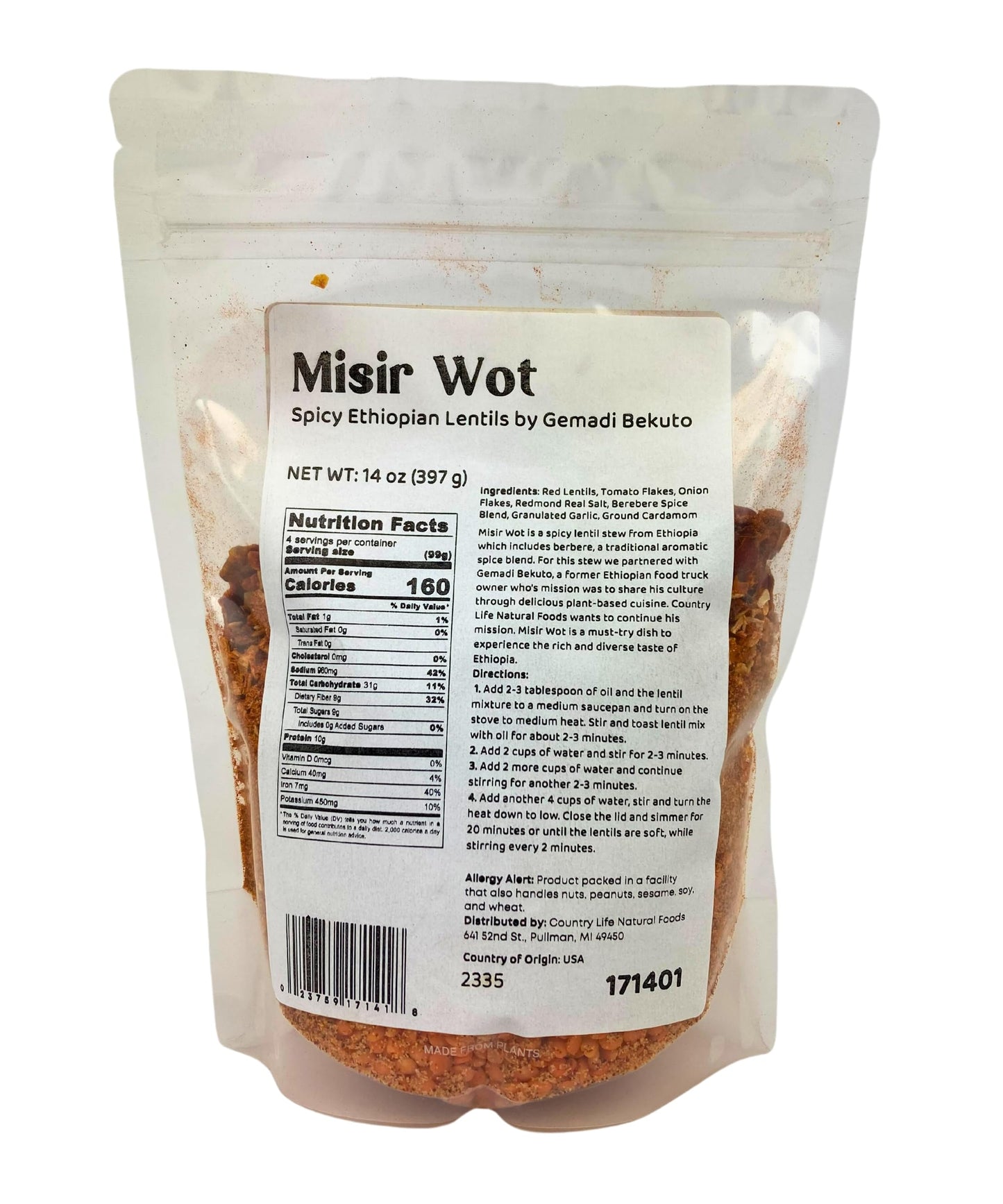 Country Life Ethiopian Red Lentil Fresh Meal, Quick & Easy Entree, Plant-Based, Vegan, Delicious with Flatbread and Rice, 14oz (Misir Wot - Spicy)