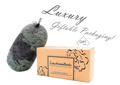 myHomeBody Large 70g Loofah Sponge, Body Scrubber, Bath Sponge, Loofah for Women, Men, Exfoliating Sponge Shower Pouf with Activated Charcoal - 3 Pack, 2 Sage Green + 1 Graphite Gray