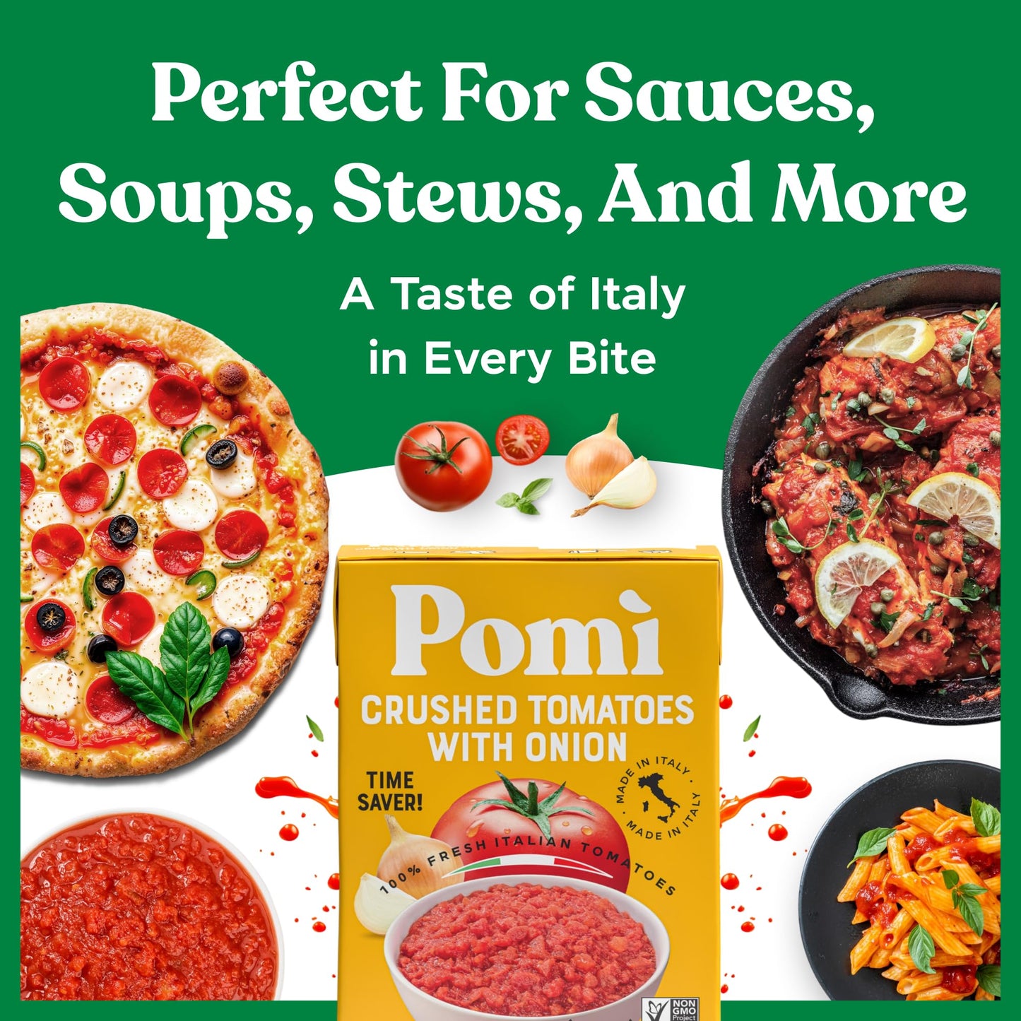 Pomì Crushed Tomatoes with Onion 13.8oz (Pack of 12) - Creamy, Velvety Italian Tomato Sauce No Salt Added, No Additives or Preservatives - BPA free Tomato Crushed - Made from 100% Fresh Italian Tomatoes