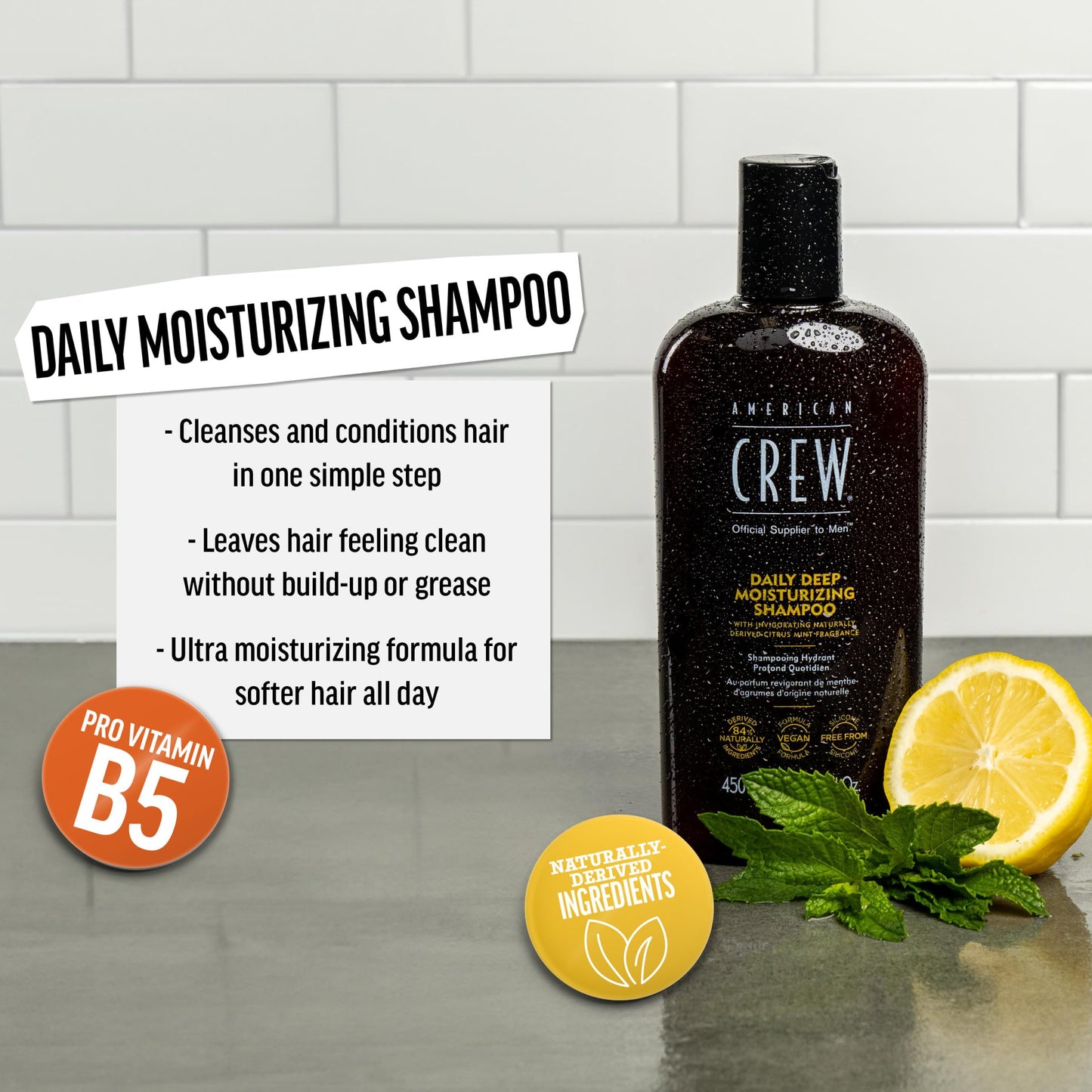 American Crew Shampoo for Men, Daily Deep Moisturizer, Naturally Derived, Vegan Formula, Citrus Mint Fragrance, 3.3 Fl Oz