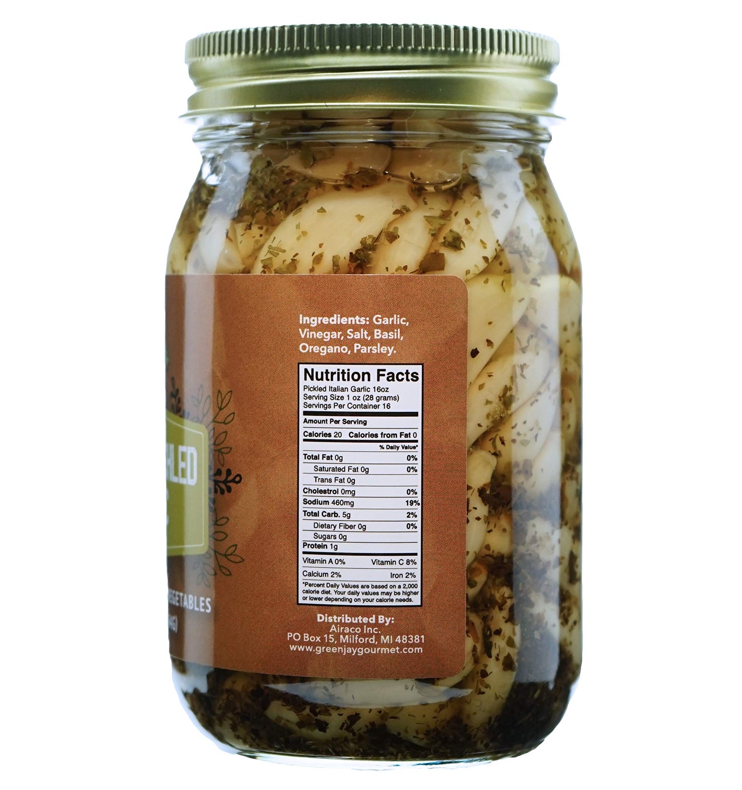 Green Jay Gourmet Pickled Garlic Cloves in a Jar - Italian Pickled Garlic - Fresh Garlic Bulbs for Cooking - Simple, Natural Ingredients - Freshly Made - Subtly Infused Pre-Prepared Garlic - 16 Ounce