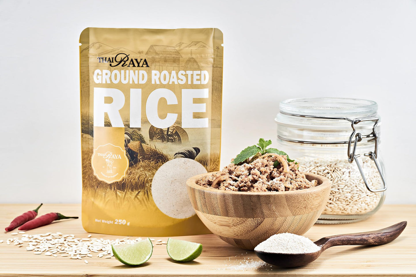 ThaiRaya Ground Roasted Rice (Khao kua), 250 grams, 8.8 oz Thai food ingredient Laab Namtok zip lock bag easy to store