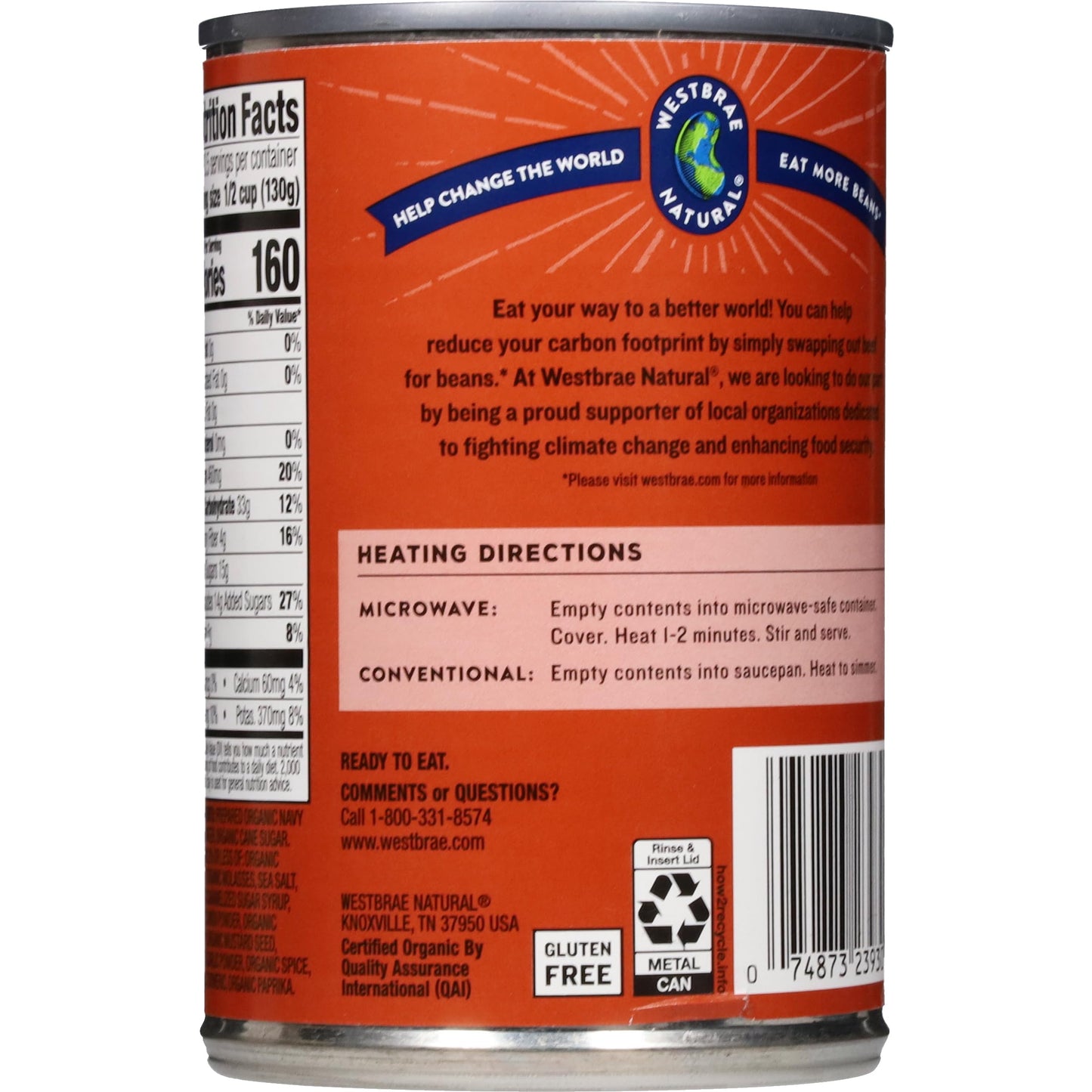 WESTBRAE 16 oz Natural Organic Baked Beans, Source of Plant Based Protein and Fiber, Low Fat, Gluten Free, (Pack of 12)