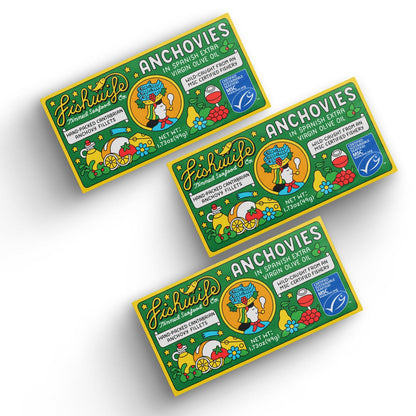 Fishwife Cantabrian Anchovies 3-Pack (1.73 Ounce) | Wild-Caught & Hand-Packed with Spanish Extra Virgin Olive Oil | MSC-Certified Sustainable Seafood, High Protein, Gluten Free, Paleo Friendly, Omega-3s