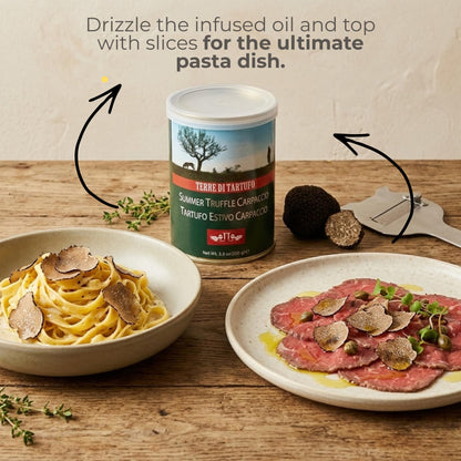 Terre di Tartufo Summer Truffle Carpaccio – Italian Black Summer Truffle Slices in Oil – Gourmet Ready-to-Use Truffle Garnish – Perfect for Pasta, Eggs & Risotto – 12.3oz (350g)