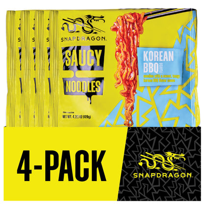 Snapdragon Saucy Instant Noodles with Korean BBQ Slurpable Sauce - Quick Meal, Snack, and Lunch. 4-Pack Microwave Noodles for Cup, Bowl, Ramen or Asian Stir Fry