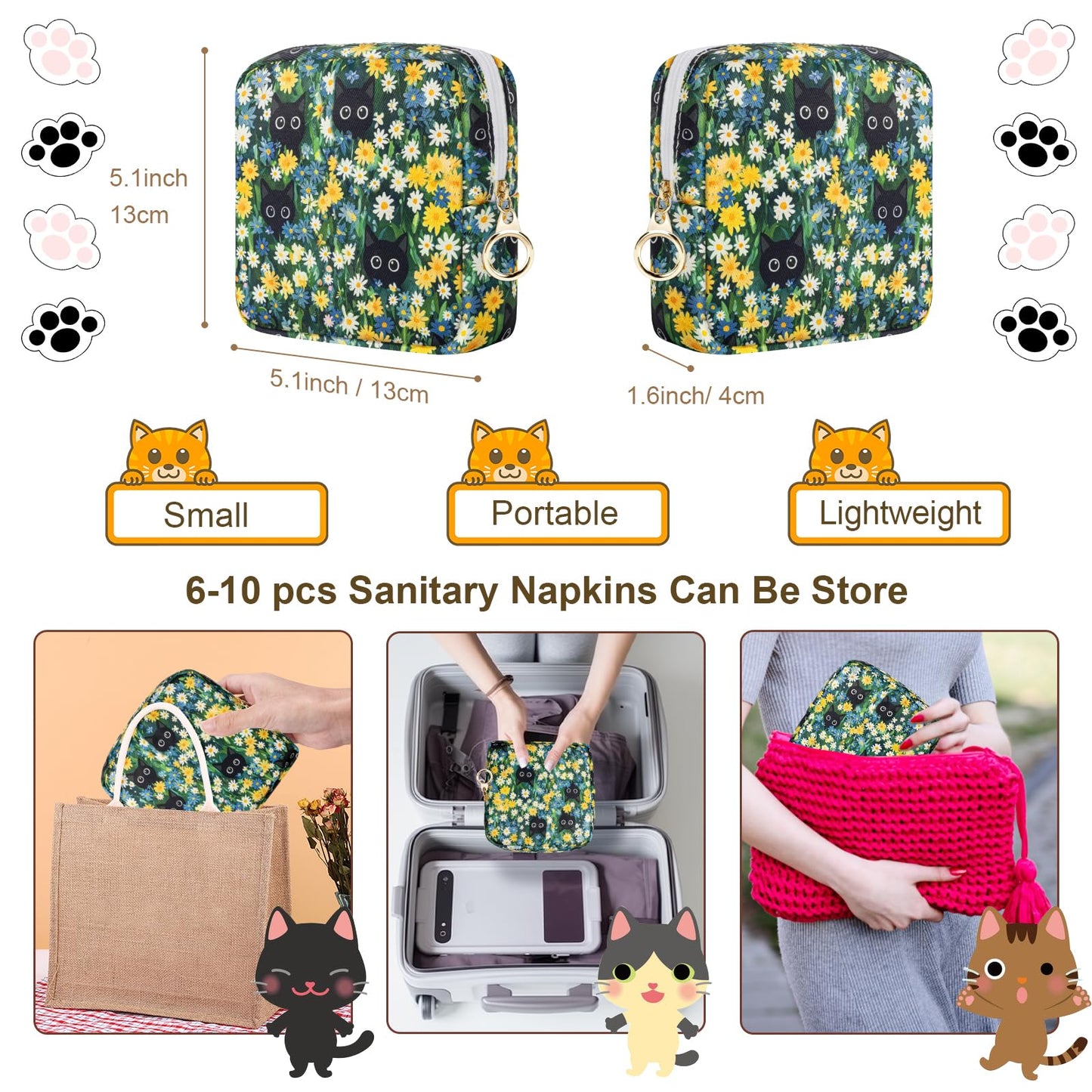 Tampon Holder for Purse, Canvas Period Bag Sanitary Napkin Storage Bag for Girls Womens, Portable Feminine Emergency Pad Period Pouch(Daisy Black Cat)