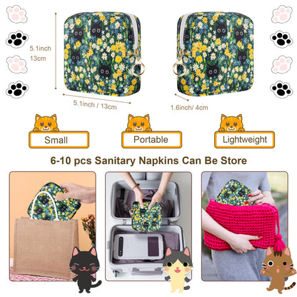 Tampon Holder for Purse, Canvas Period Bag Sanitary Napkin Storage Bag for Girls Womens, Portable Feminine Emergency Pad Period Pouch(Daisy Black Cat)