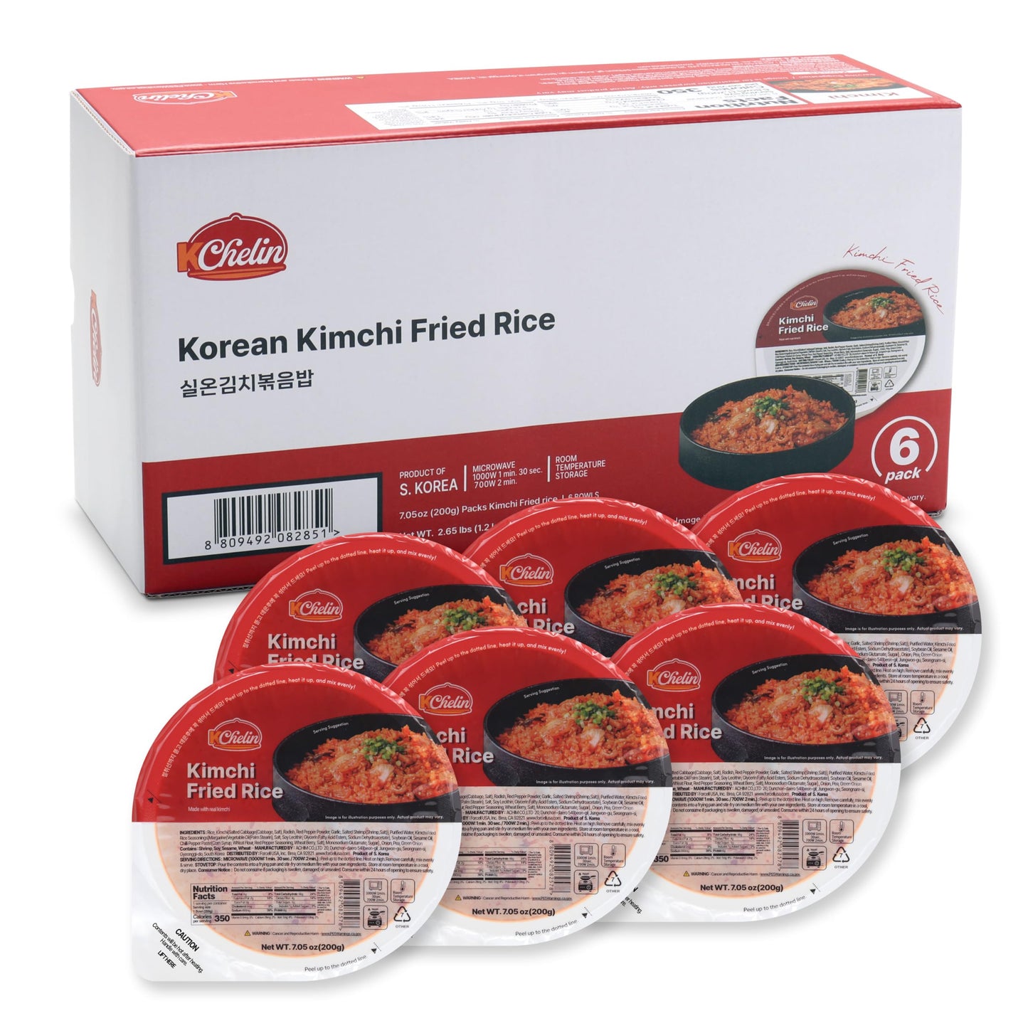 Microwaveable Korean Kimchi Fried Rice (Pack of 6), Korean Food, Instant, Quick & Delicious, Shelf- Stable, On-the-Go Meals, 7.05 oz per Bowl