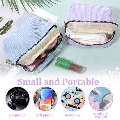 2PCS Period Pouch, Period Bags for Women, Corduroy Pad Bag with Zipper for Women, Use in Sanitary Napkins and Tampons (Blue Purple)