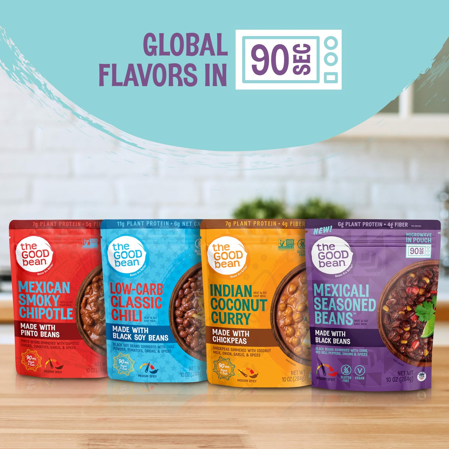 The Good Bean Heat and Eat Pouch - Variety Pack - (Pack of 4) 10 oz Pouch - Mexican Smoky Chipotle, Low-Carb Classic Chili, Mexicali Seasoned Beans, and Indian Coconut Curry