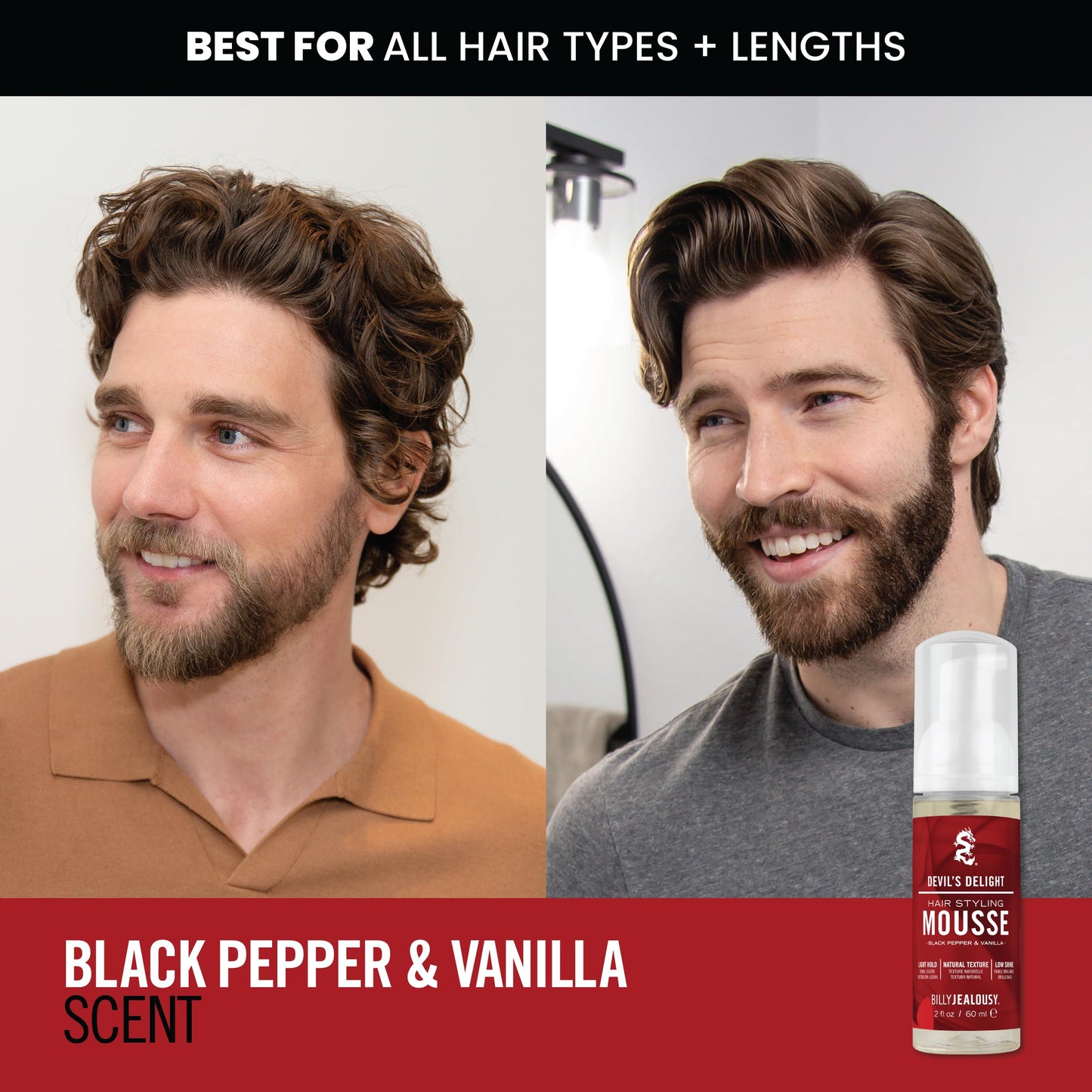 Billy Jealousy Devil’s Delight Hair Styling Mousse for Men – Light Hold for Volume & Lift, Frizz Control – Hydrates with Sea Moss & Kelp – Travel Size, Silicone-Free, Vegan, Black Pepper Vanilla Scent