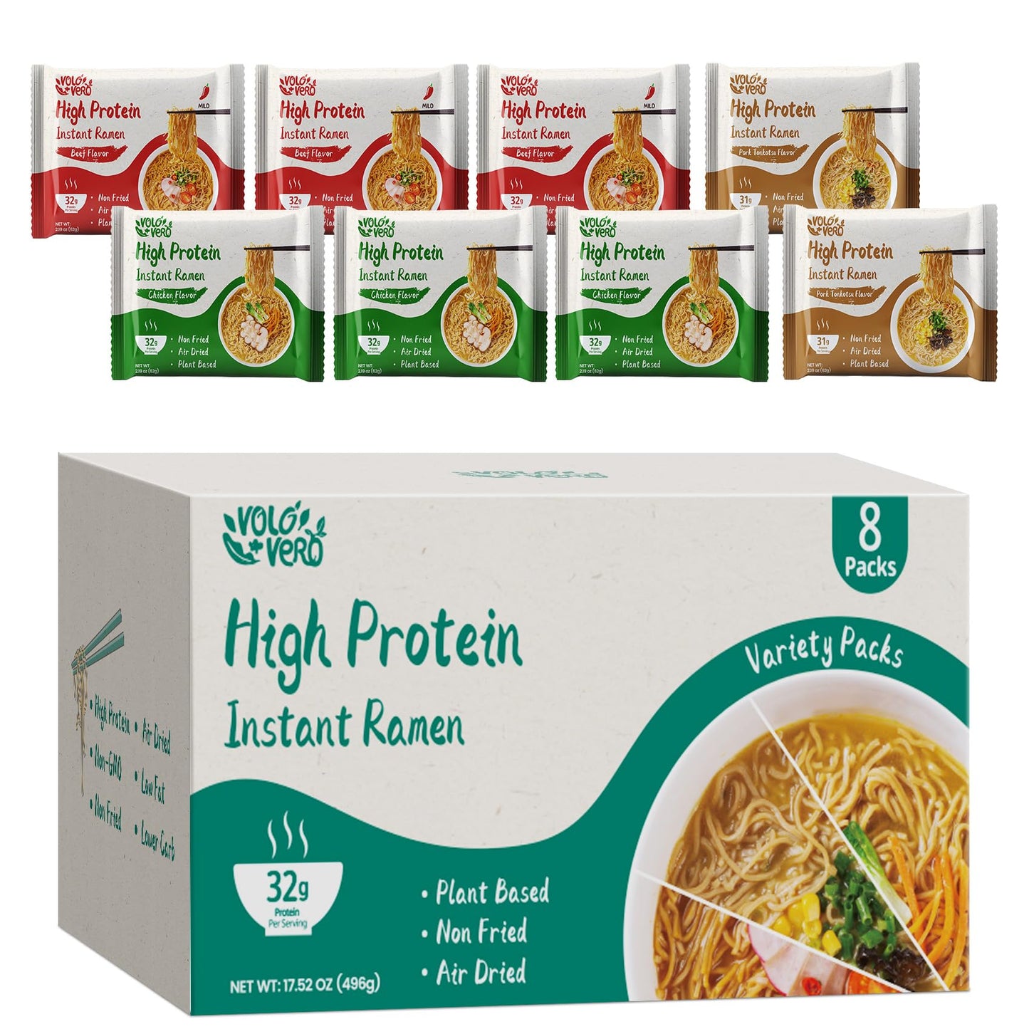 VOLO VERO High Protein (32g) Instant Ramen Variety Packaged Noodles Soup, Chicken, "Spicy" Beef, Pork Tonkotsu, Plant-Based, Air-Dried, Non-Fried, Low Carb, Egg-Free, Dairy Free Healthy Meal, 8 Packs