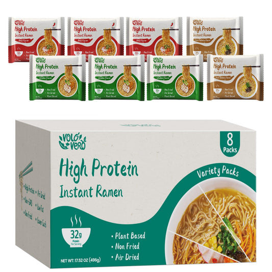 VOLO VERO High Protein (32g) Instant Ramen Variety Packaged Noodles Soup, Chicken, "Spicy" Beef, Pork Tonkotsu, Plant-Based, Air-Dried, Non-Fried, Low Carb, Egg-Free, Dairy Free Healthy Meal, 8 Packs
