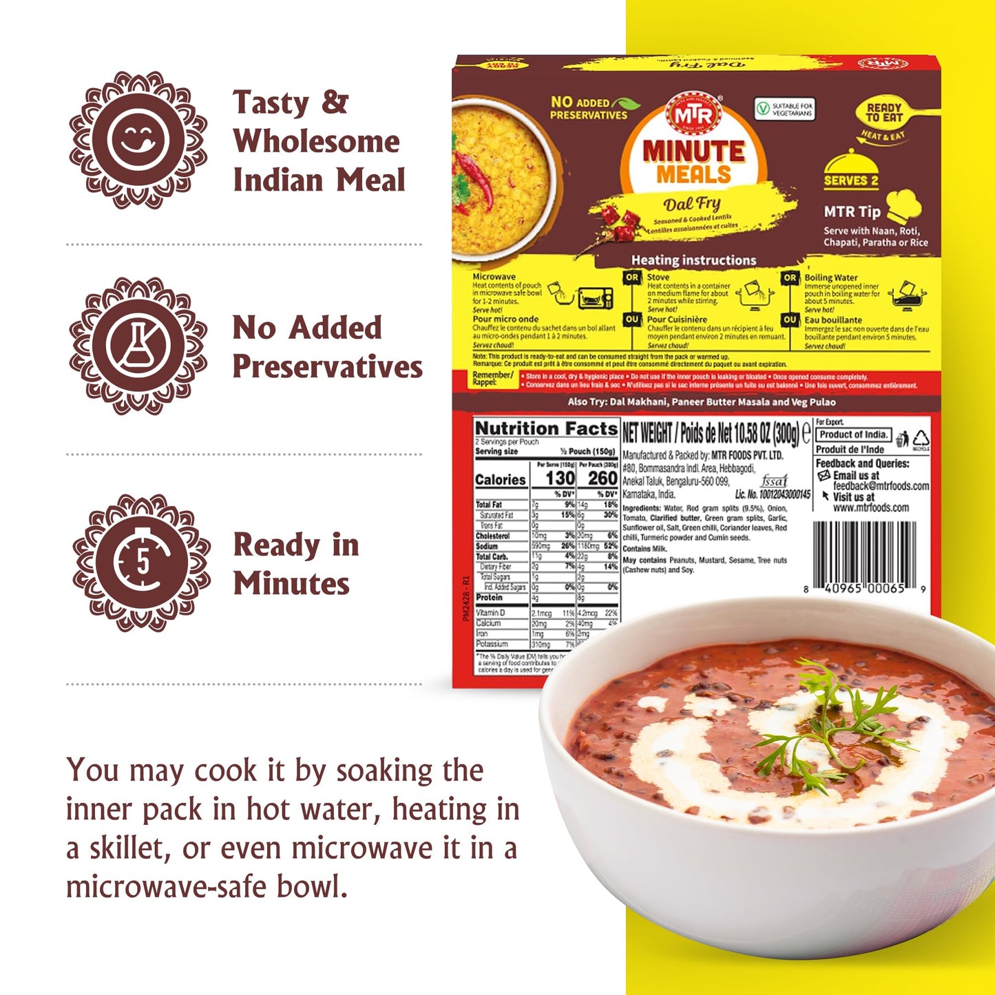 MTR - Minute Meals: Dal Makhani - Rich Black Lentil Curry - Authentic Indian Ready-To-Eat Meal - No Added Preservatives - A Quick Meal Suitable for Vegetarians, Ready in Minutes! (Pack of 6)