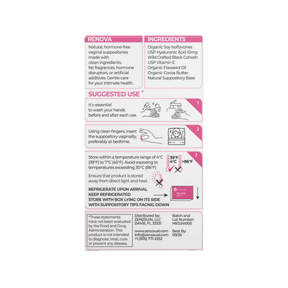 ZENZSUAL Renova Ovulos Moisture Support Suppositories, 20 Inserts (2 Boxes) – Extra Strength Feminine Dryness Support - Moisture Care with 10mg Hyaluronic Acid, Vitamin E, Flaxseed Oil & Cocoa Butter