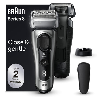 Braun Series 8 Electric Razor for Men, with 4+1 Shaving Elements & Precision Long Hair Trimmer, Close & Gentle Even on Dense Beards, Wet & Dry Electric Razor with 60min Runtime, 8517s Galvano Silver