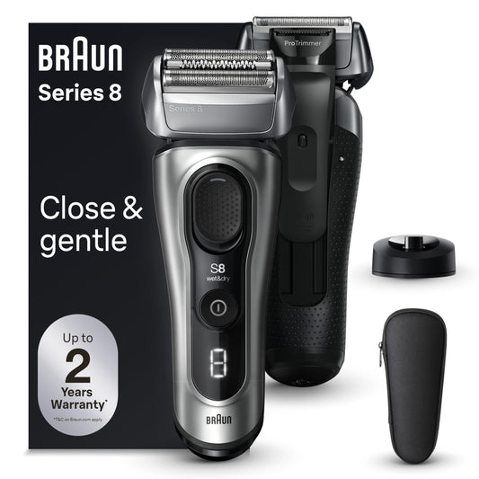 Braun Series 8 Electric Razor for Men, with 4+1 Shaving Elements & Precision Long Hair Trimmer, Close & Gentle Even on Dense Beards, Wet & Dry Electric Razor with 60min Runtime, 8517s Galvano Silver