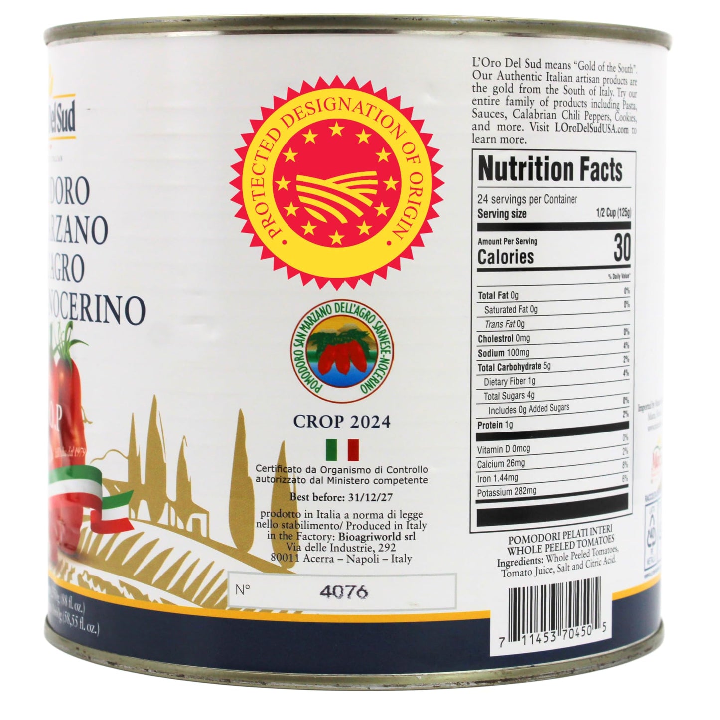 L'Oro Del Sud - D.O.P San Marzano Tomatoes of Agro Sarnese-Nocerino Area, Net Wt. 2550g (88 fl. oz). Pomodoro San Marzano dell’Agro Sarnese-Nocerino DOP Certification