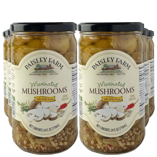 Paisley Farm Marinated Mushrooms, 24oz Jars – 6 Pack | All-Natural Pickled Mushrooms in Savory Marinade, Gourmet Ready-to-Serve Snack