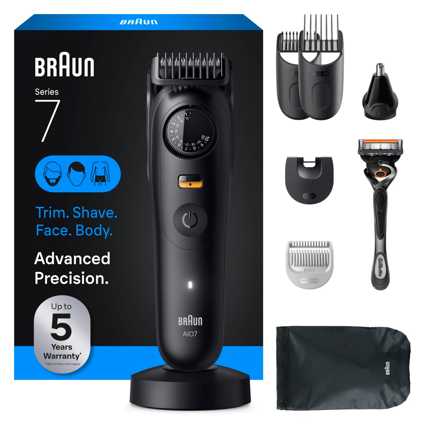 Braun Series 7 All-in-One Beard & Body Grooming Kit for Men, Cordless Trimmer, Hair Clippers & Shaver for Face, Hair & Body with Gillette ProGlide Razor, AIO 7535