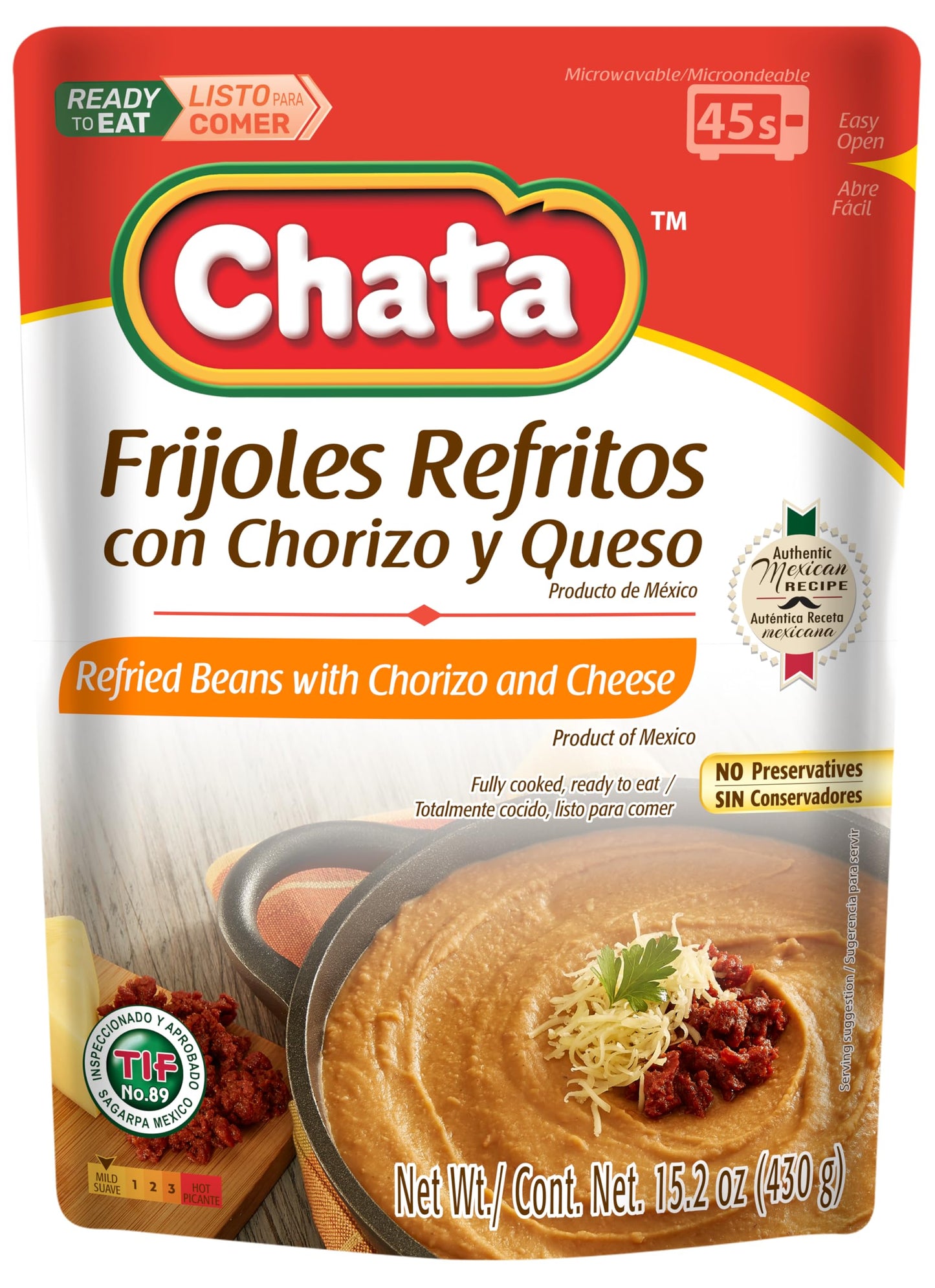 Chata Mexican Refried Beans with Chorizo and Cheese, 15.2 oz (Pack of 3)