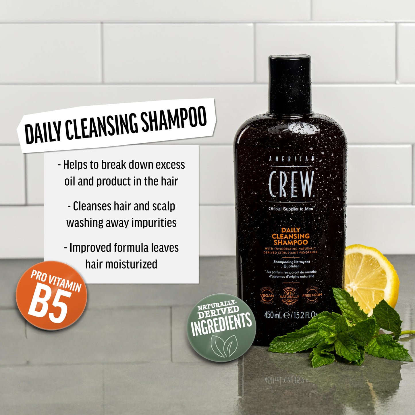 American Crew Shampoo for Men, Daily Cleanser, Naturally Derived, Vegan Formula, Citrus Mint Fragrance, 8.45 Fl Oz