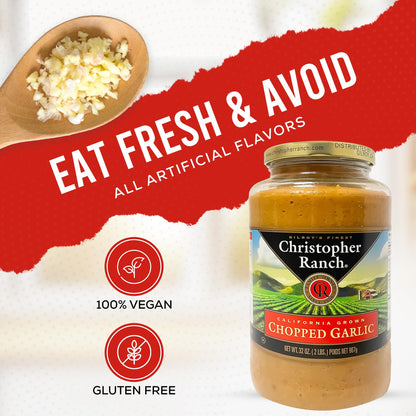 Christopher Ranch Chopped Garlic in Olive Oil, California-Grown Fresh, Ready-to-Use, Premium Quality, Gluten-Free, Vegan-Friendly, Pantry Essential, 32 oz Jar