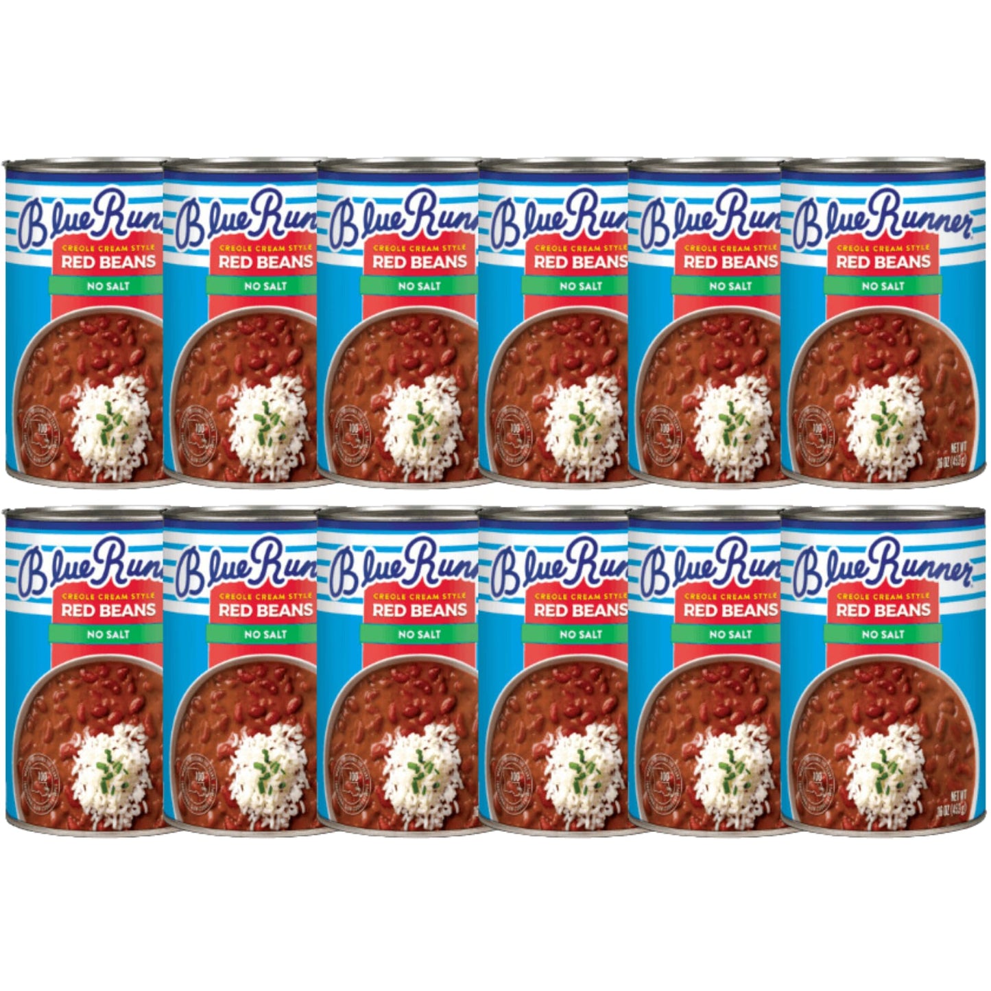 Blue Runner—Creole Cream Style Red Beans 16 oz Can (Pack of 12)—No Salt Added—Slow Cooked and Authentic Creole Kidney Beans