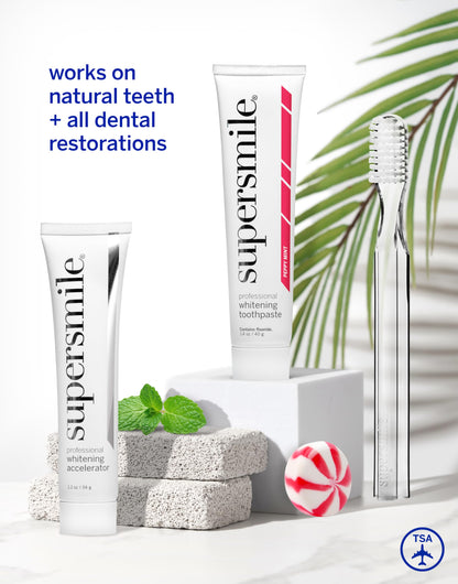 Supersmile Peppy Mint Teeth Whitening Toothpaste Set, Complete 5-Piece Travel Set with 3 Toothpastes, 1 Accelerator & 1 Toothbrush, Whitening Toothpaste Kit, Whitens up to 6 shades.