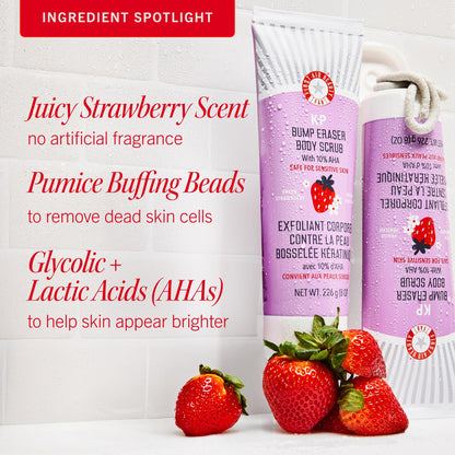 First Aid Beauty - KP Bump Eraser Body Scrub with 10% AHA, Keratosis Pilaris Exfoliator with Glycolic and Lactic acids, Helps Reduce Chicken Skin Bumps, Safe for Sensitive Skin, Strawberry Scent, 8 oz