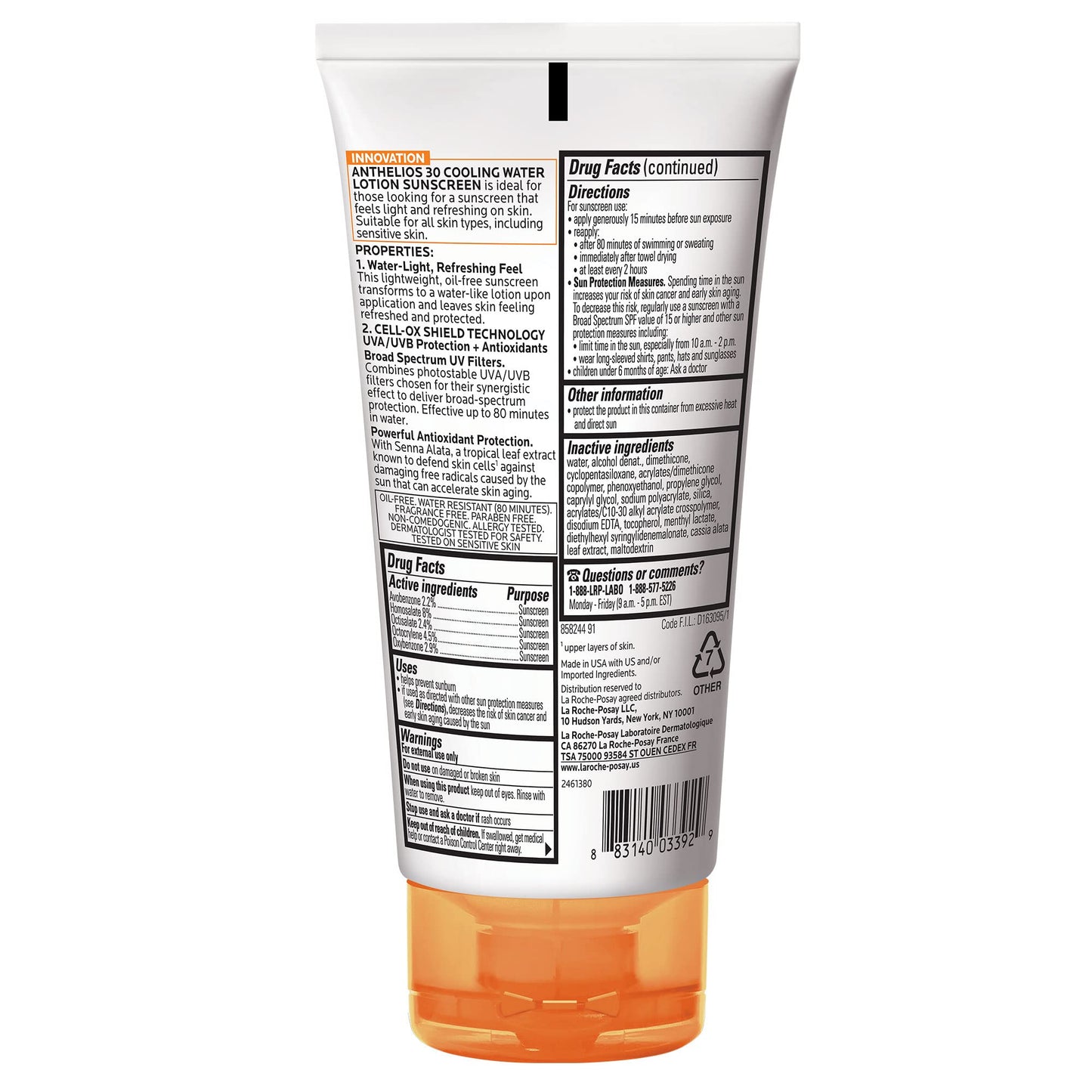 La Roche-Posay Anthelios Cooling Water Sunscreen Lotion for Face & Body, Broad Spectrum SPF + Antioxidants, Fast Absorbing Water-Like Texture, Oil Free Sunscreen, SPF 60, SPF 30