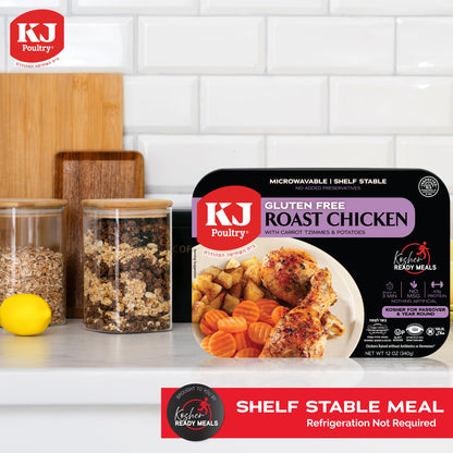 KJ Poultry Kosher for Passover Gluten Free Meals, Roast Chicken with Potato & Carrots, Halal, (6 Pack) Prepared Entree Fully Cooked, Shelf Stable Microwave Dinner, Travel Military Camping