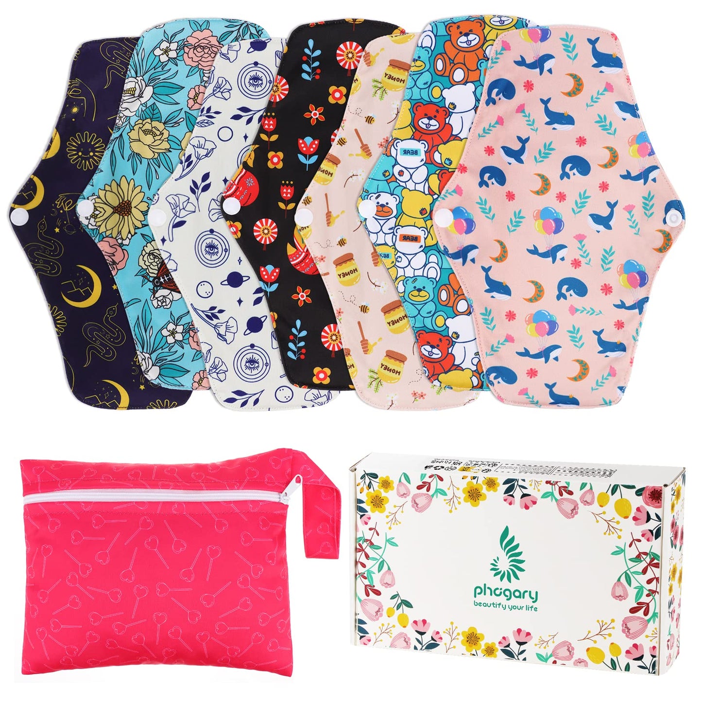PHOGARY Reusable Menstrual Pads for Heavy Flow with Wet Bag, Sanitary Pads Set with Wings for Women, Washable Overnight Cloth Panty Liners (7 in 1, Style H)