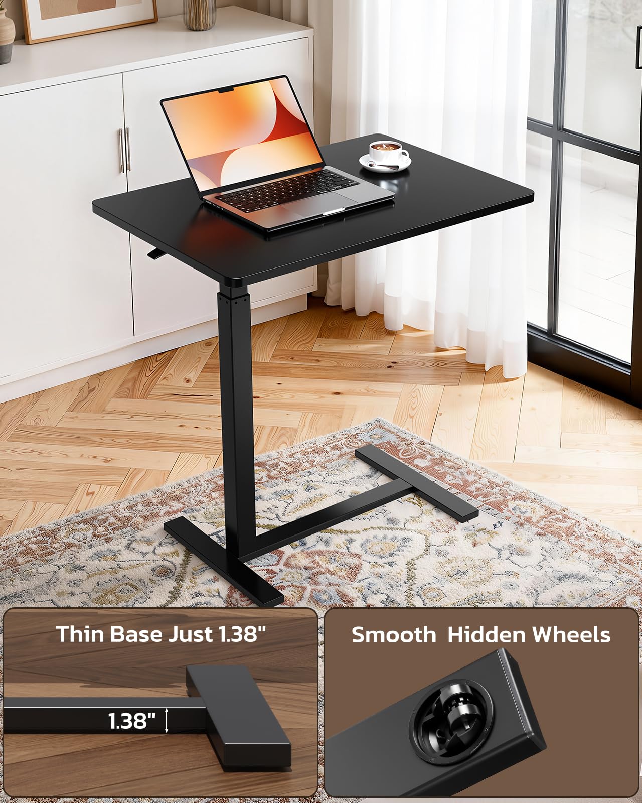 Overbed Bedside Table with Hidden Casters, Adjustable Pneumatic Mobile Laptop Computer Standing Desk, Rolling Laptop Table, Movable Overbed Table Hospital Home Use, Black