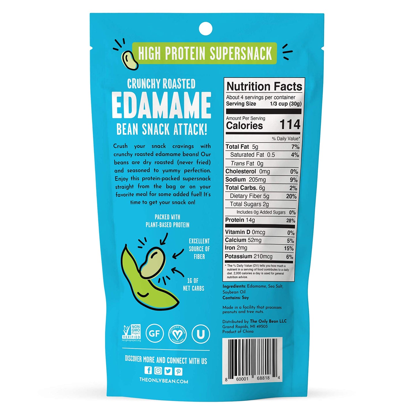 The Only Bean - Crunchy Roasted Edamame Bean Snack – Healthy, High Protein, Keto Friendly (1g Net Carbs), High Fiber, Low Carb, Gluten-Free, Vegan, Organic, Non-GMO, Kosher, Low Sugar - 4 oz (1 Pack)