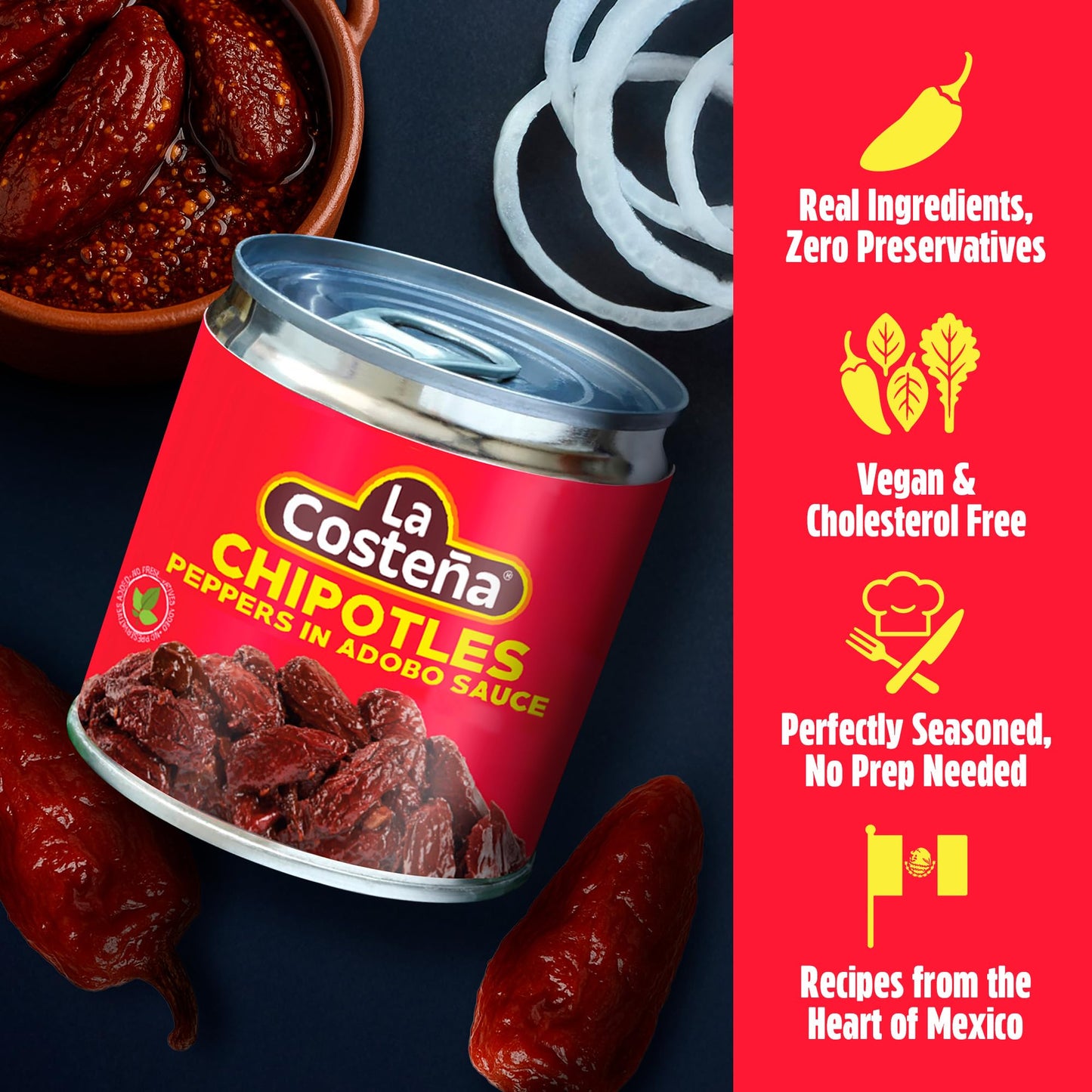 La Costeña Chipotle Peppers in Adobo Sauce - Smoked Spicy Peppers Chipotle in Adobo Sauce - Mexican Food, Taco, Enchiladas & Salsa - Hot Pickled Vegetables - 7oz, 6 Pack Canned Vegetables