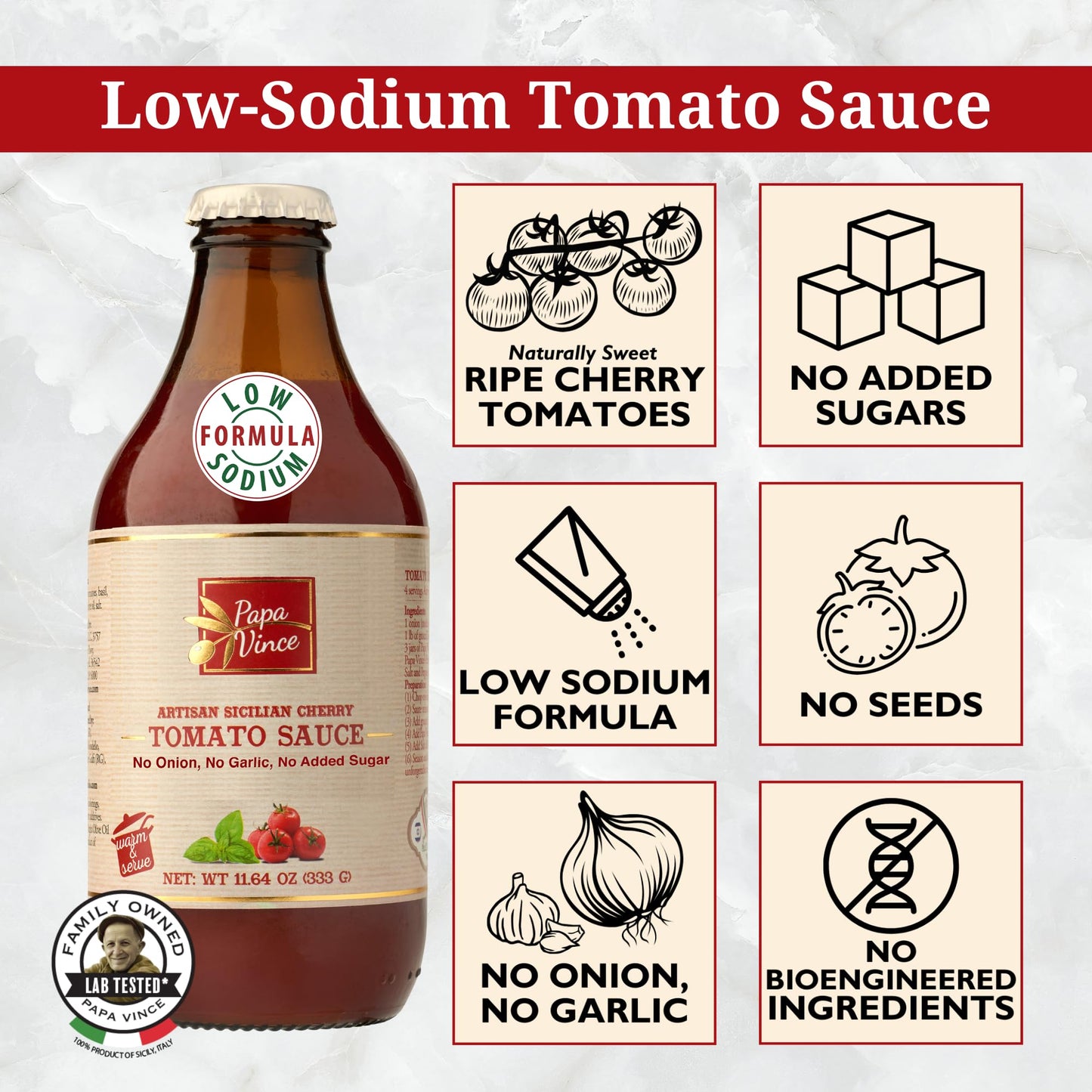 Papa Vince Low Sodium Cherry Tomato Sauce - Made in Italy, 50 mg Sodium per serving, 4-pack, 333g each Glass Jar