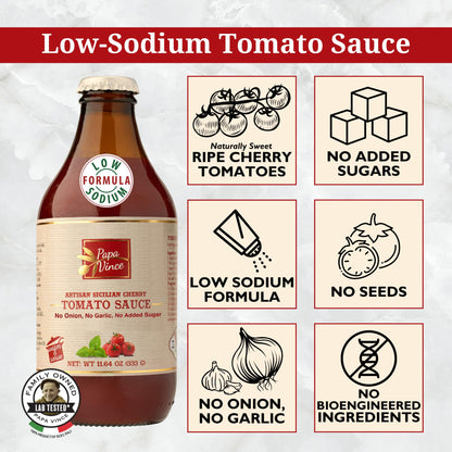Papa Vince Low Sodium Cherry Tomato Sauce - Made in Italy, 50 mg Sodium per serving, 4-pack, 333g each Glass Jar