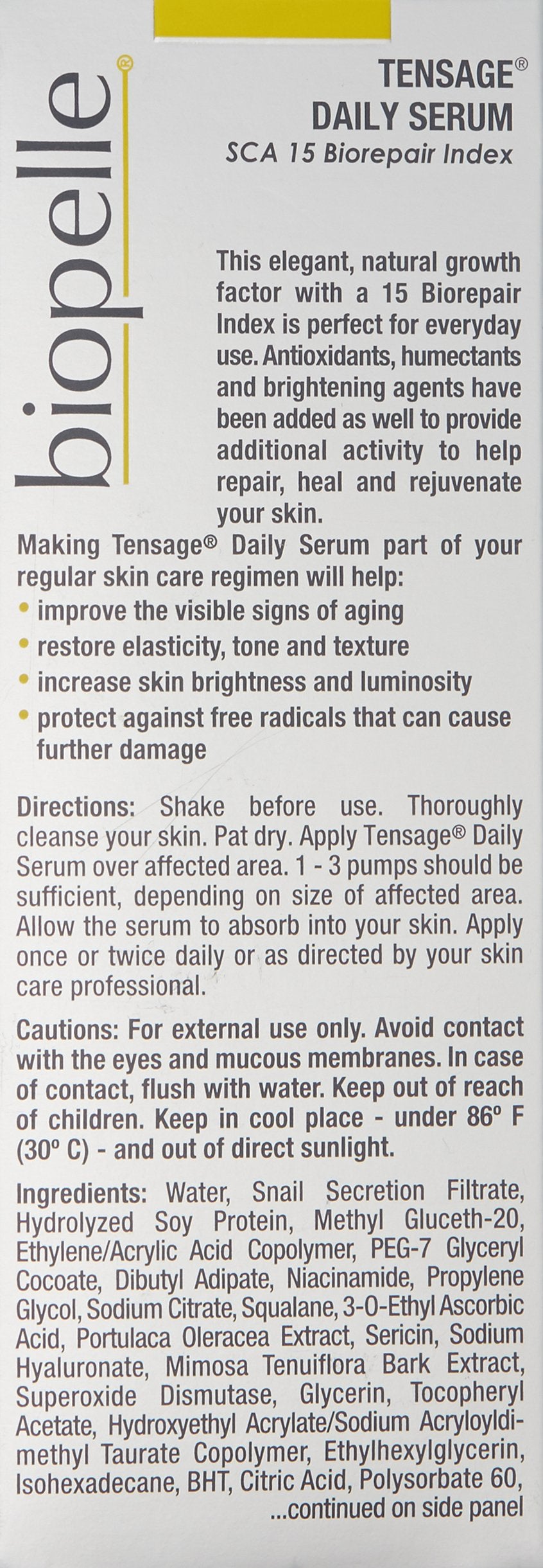 Biopelle Tensage Growth Factor Daily Facial Serum with SCA 15 Biorepair Index, Snail Mucin Serum for Face with Niacinamide, Hyaluronic Acid, and Antioxidants, 1 Oz