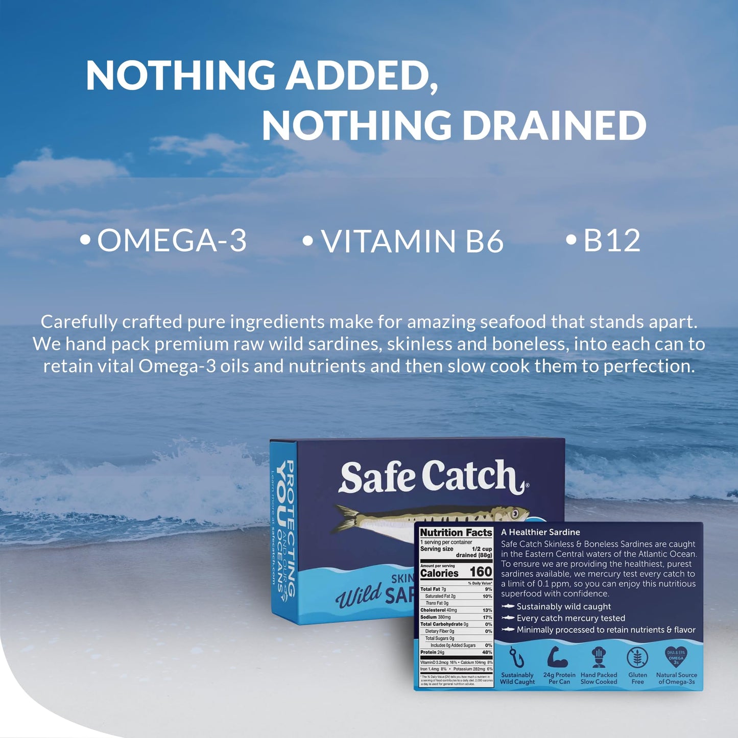 Safe Catch Wild Sardines in Water Skinless Boneless Wild-Caught Sardine Fillets Lowest Mercury Limit, Keto Food Kosher Non-GMO Sardines Pack of 12, 4.4oz Tins